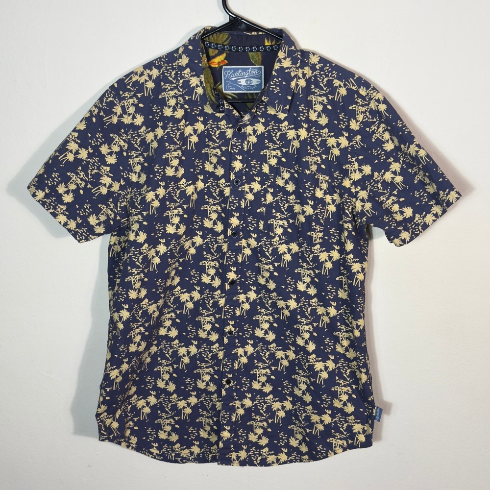 Huntington Beach‎ Club Mens Button Down Shirt Palm Tree Print Blue Size Large